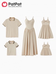 PatPat Family Matching Light Apricot Polo Shirt or Bow Design Flowy A-Line Strap Dress Sets