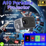 A10 Portable Projector – 8K/4K, Android 11, 8000+ Apps, 5G/2.4G WiFi, 360° Rot, Auto Focus, USB/HDD,