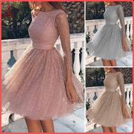 fulaide Glitter Starry Tulle Prom Dress for Women Long Sleeve Crew Neck Formal Evening Dress Mesh Co