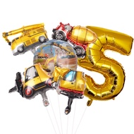 6pcs Carton Vehicle Balloon with 32inch Gold Number Balloon Set for Boys Construction Themed Birthda