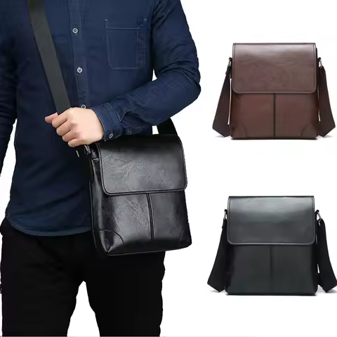 Men'S Shoulder Bag PU Leather Side Cross Sling Messenger Bolsas Satchel Commuting Crossbody Square E