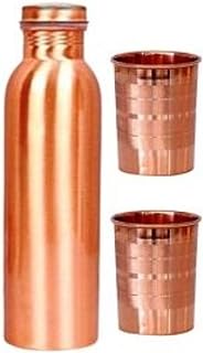 Lalit Kishori jewellary hub Pure Copper Water Bottle 34 Oz with Leak-Proof Lid for Drinking with Two Copper Hammered Glasses