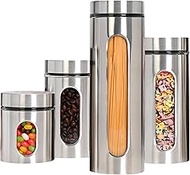JS Gourmet 4 Pcs Stainless Steel Canisters Set for Kitchen with Glass Window and Airtight Lid, Perfe