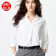 Kemeja Blouse Blus Rayon Kerah Skipper Putih Hitam Polos Motif Lengan Panjang 3/4 Wanita UNIQLO ORIG