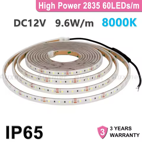 LED Strip Light DC12V High Power 2835 60LEDs/m 9.6W/m,IP65 Waterproof Cold White 8000K Diode Tape,Fl