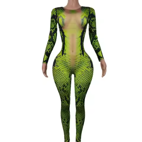 Women Leggings Green Snakeskin Print Long Sleeves Bodycon Jumpsuits Showgirl Costumes Nightclub Ds P