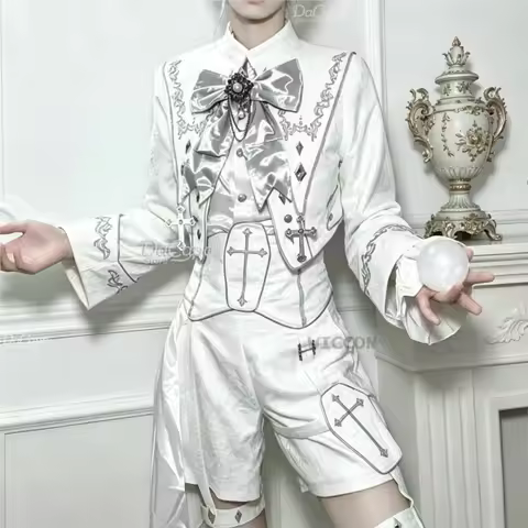 Ouji White Gothic Kodona Prince Outfit Set Neutral Military Lolita Coat Shorts Unisex Femboy Vintage