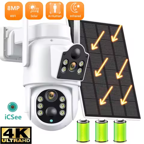 4K 8MP ICSEE WiFi Solar Camera Outdoor Dual Lens Dual Screen 5MP Human Detection HD Video Surveillan