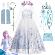 Disney Frozen Elsa Princess Girl Dress Cosplay Costume Snow Queen Halloween Birthday Vestidos Party Kids Clothing For 2-12 Years V811