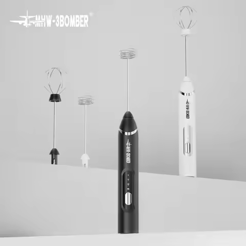 MHW-3BOMBER Electric Milk Frother Rechargeable Handheld Egg Foam Maker with Stainless Whisk for Coff