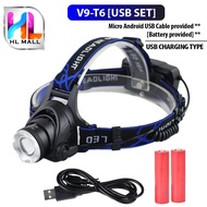 RECHARGABLE LED HEADLAMP V53-Q5 / V9-T6 USB CLASSIC SET OUTDOOR POWER STRONG RETRACTABLE ZOOM WATERP
