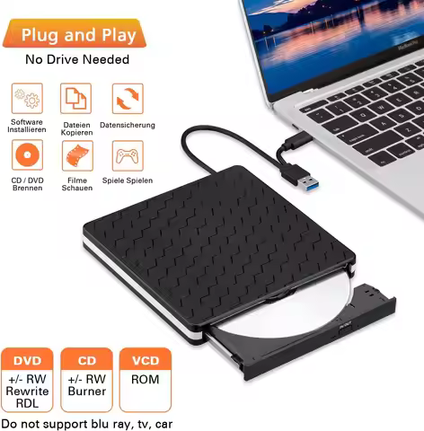 External CD DVD Drive for Laptop, USB 3.0 USB C CD Burner Portable DVD +/-RW Drive CD Player Reader 