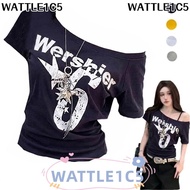 WATTLE1C5  Shoulder Top, Skew Collar Y2k Short Sleeve, Trendy Letter Print Body  Crop Top Casual Wea
