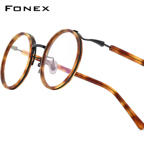 FONEX Acetate Titanium Glasses Frame Men Brand Design Vintage Retro Round Eyeglasses Women Spectacle
