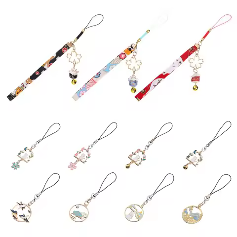 Phone Lanyard Lucky Cat Bell Sakura Anti-lost Keychain Wrist Rope Phone Strap Pendant Cherry Blossom