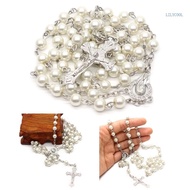【CH】 Catholic Necklace Crystal White-Pearl Long Chain White Rosary Catholic Necklace
