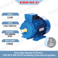 Branco Motor Aluminium IE1,  2.2kW - 4kW (3HP-5HP) 4P 50Hz 415V Foot/Flang 3 Phase // Industrial Mot