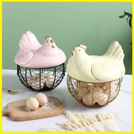 ♞Large Stainless Steel Mesh Wire Egg Storage Basket with Ceramic Farm Chicken Top and Handles