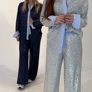 MODAVIVAWestern Style Loose Sequin Blazer & Wide Leg Pants Set – Sparkly Glitter 2-Piece Outfit for 