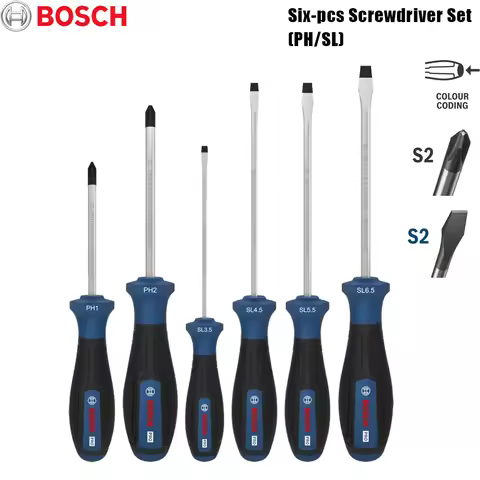 BOSCH 6-pcs PH/SL Screwdriver Set S2 Steel Strong Magnetic Bits Anti Slip Handle For Home Appliances