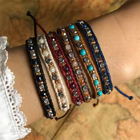 ORZTOON Vintage Boho Ethnic Colorful Beads Exotic Bracelets for Women Double-strand Rope Handmade Br