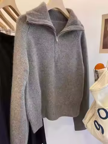 European Autumn/Winter half zip lapel cashmere sweater women's loose thick turtleneck sweater gray s
