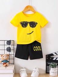 2入組嬰兒男童卡通太陽眼鏡和字母印花休閒短袖T恤短褲套裝，適合夏季
