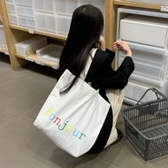Bonjour Korean Ins Style Letter Canvas Bag Minimalist Color Printed Shoulder Bag Large Capacity Canvas Bag Women