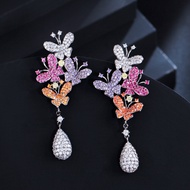 SEQUITO Vivid Colorful Butterfly Design Full Micro Tiny AAA CZ Diamond Waterdrop Pendant Long Party 
