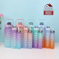 3 PCS Gradient Color Water Bottle🔥Ready Stock🔥3 in 1 Free Stickers Straws 2L 1L 300mL Air Botol 三件套渐