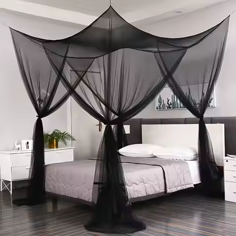 Black 4-Door Ceiling Mosquito Net Canopy for King Size Bed