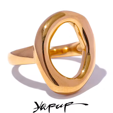 Yhpup Creative Stainless Steel Geometric Hollow Golden Minimalist Ring Fashion Waterproof Unusual Tr