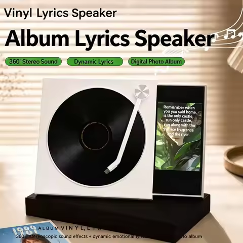 Vintage Vinyl Record Player-Style Bluetooth Speaker, Dynamic Scrolling Lyrics Display, Digital Photo