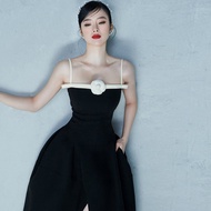 {SUNSHINE Club} Vietnam Niche Designer Brand 2023 New Year Black White Color-Blocking Split Dress