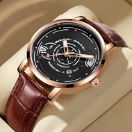 Lige นาฬิกาควอตซ์แนวสปอร์ตแฟชั่นสำหรับผู้ชาย, นาฬิกาสายหนังสุดหรูปฏิทินลายโครงกระดูกดีไซน์เกียร์นาฬิกากันน้ำแนวธุรกิจลำลอง