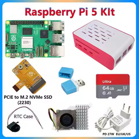 Raspberry Pi 5 8GB/4GB/2GB Optional Kit PCIE to M.2 NVME SSD(2230)+27W Power+PI5 Red-White Case+64GB