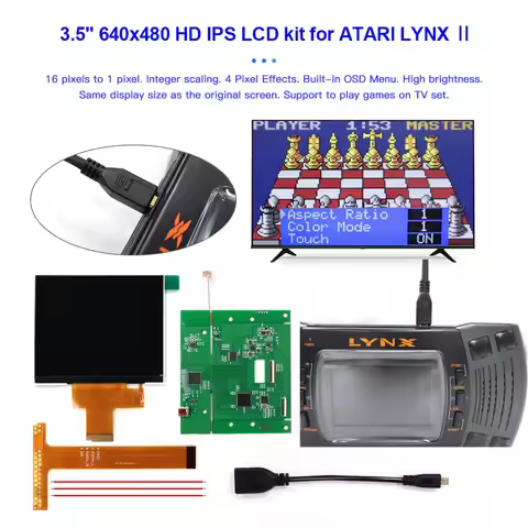 For ATARI LYNX Ⅱ Hight Light 3.5" 640x480 Retro Pixel HD IPS LCD Kit for ATARI LYNX Ⅱ 2 Game Console