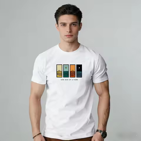 One Day At A Time Inspirational T-Shirt Sunrise Sunset Ocean Landscape Print Casual 100% Cotton Unis