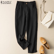 Esolo ZANZEA Womens Plain Vintage Straight Chino Pants Elastic High Waist Holiday Long Trousers #2