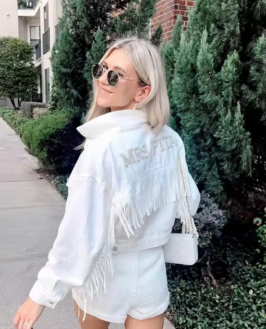 White Fringe Mrs Personalised Pearl Denim Jacket Nashville Bachelorette Party Custom Name Wedding Ja