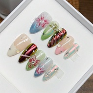 10 ชิ้น/แพ็ค, สไตล์ยุโรปและอเมริกันเล็บยาวแหลม, ลวดลายแกะสลักดอกไม้ nhiệt đới 3 มิติ, ลายย้อมสีกรอเด