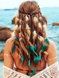 1個波西米亞風格彩色羽毛頭帶,手工羽毛頭飾,適合旅行和攝影