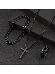 3入組型男不鏽鋼珠寶套裝,耐用且時尚的黑色項鍊、手鍊和戒指