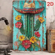 Retro Cactus Metal Tin Sign With Straw Hat Multi-Color Floral Design Iron Wall Decor For Indoor & Ou