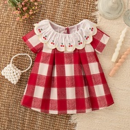 9 Months -4 Years Old Summer New Plaid Short Sleeved Baby Girl Dress Red Cherry Petal Lapel Children