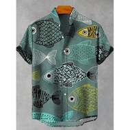 Summer Men's Casual Sea Life Graphic Short Sleeved Shirt Button Down Lapel Shirts Oversized Tops Cas