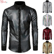 Fashion Sequins Glitter Shirt Men 70s Disco Party Costume Performance Shirt