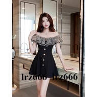 [lrz666] One-Shoulder Gauze Pseudo-Mother Ruffled CD Dress-Up Slimmer Look Dress Nightclub CD Dress 