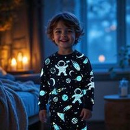 1 Set Boys Glow-In-The-Dark Astronaut & Planet Print Snug Fit Long Sleeve Pajama Set, Comfortable Sl
