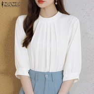 ZANZEA เสื้อผู้หญิงสไตล์เกาหลีแขนพองคอตั้งลำลองกระดุมหลังเสื้อตัวบน #10